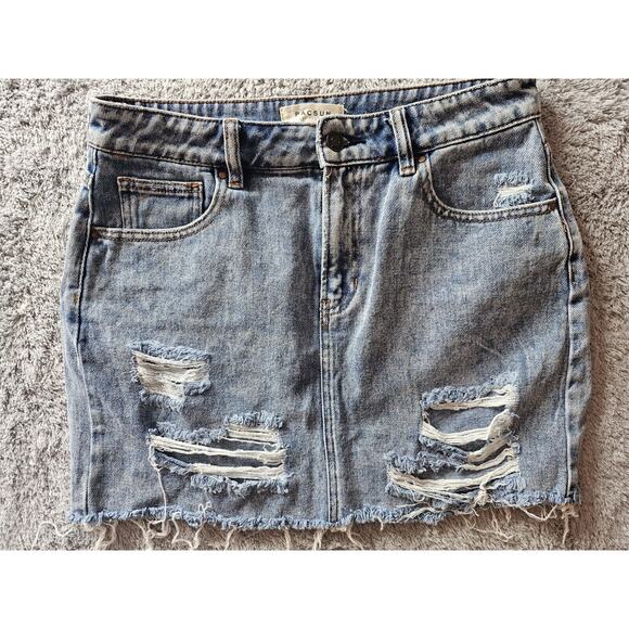 Pacsun Los Angeles Denim Mini Skirt Jean Raw Hem Button Zip Distressed 28 Waist - Picture 1 of 3
